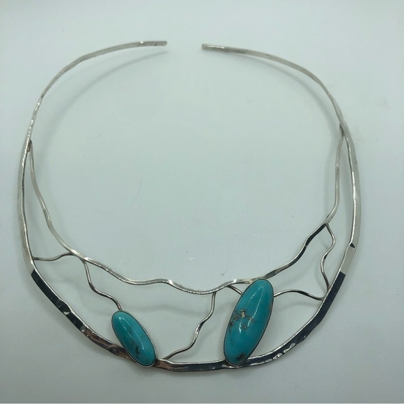 STERLING Silver & Turquoise Bib Collar Necklace Sits @ 10” - 12” Vintage - Picture 4 of 10